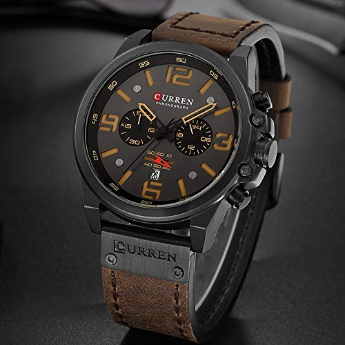 CURREN Men's Quartz Chronograph Watch – Black Dial and Coffee Leather Strap