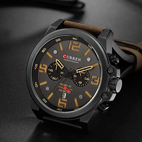 CURREN Men's Quartz Chronograph Watch – Black Dial and Coffee Leather Strap