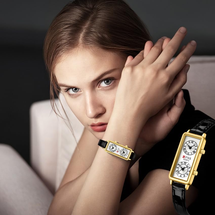 Women's Rectangular Dual-Time Quartz Watch