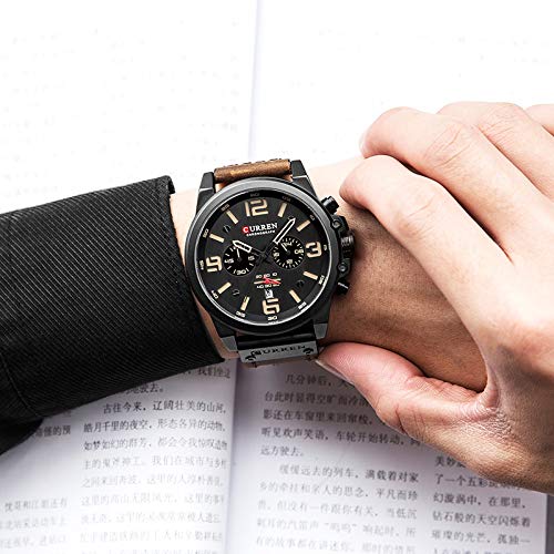 CURREN Men's Quartz Chronograph Watch – Black Dial and Coffee Leather Strap