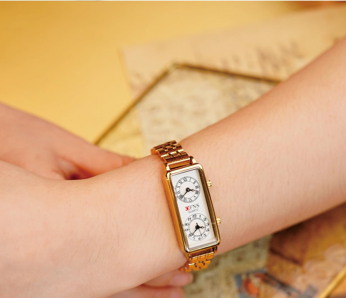 Women's Rectangular Dual-Time Quartz Watch
