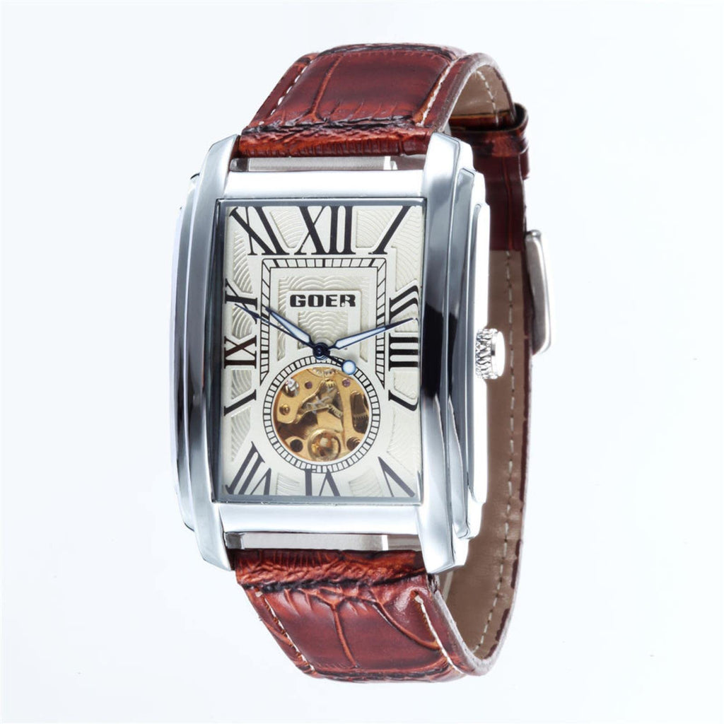 GOER Men's Rectangular Automatic Skeleton Watch – White Dial and Brown Leather Strap