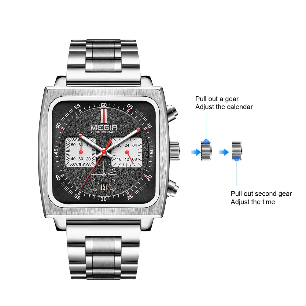 MEGIR Men's Square Quartz Chronograph Watch