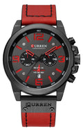 CURREN Men's Quartz Chronograph Watch – Black Dial and Red Leather Strap