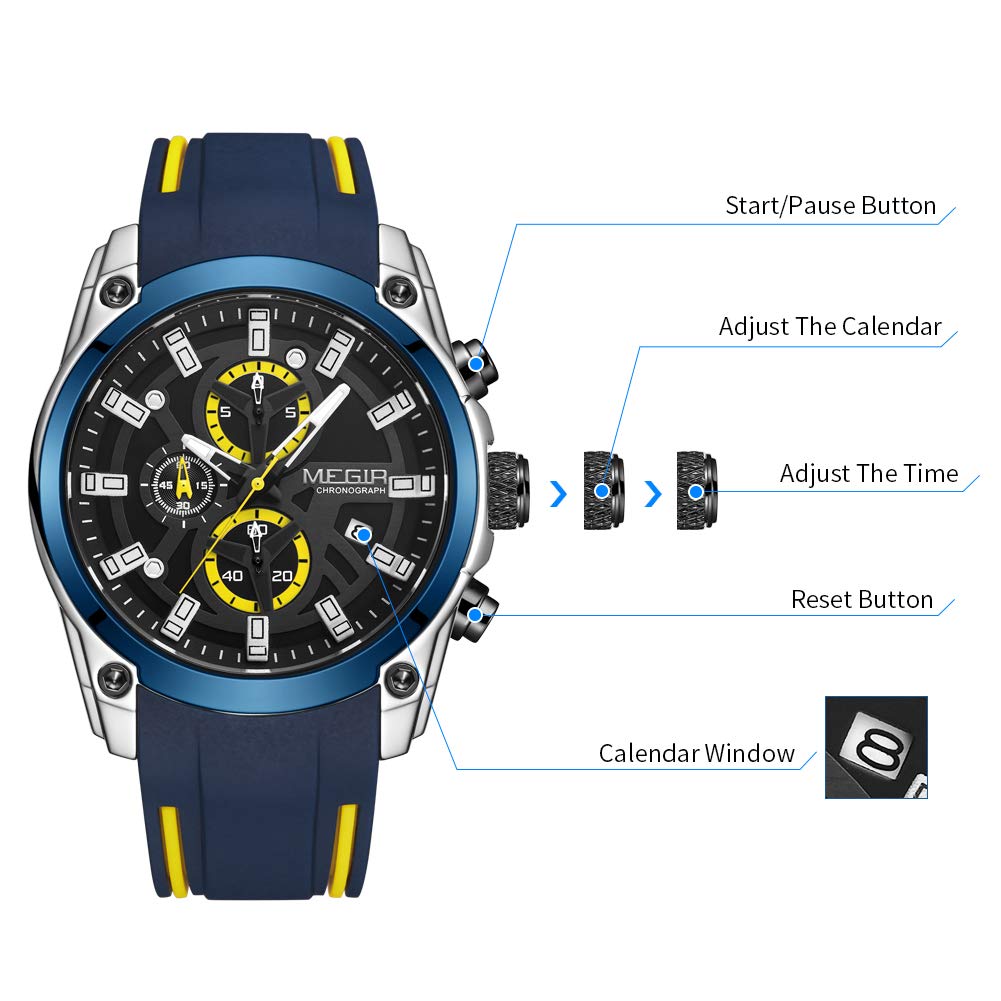MEGIR Men's Quartz Chronograph Sports Watch - Blue & Silver