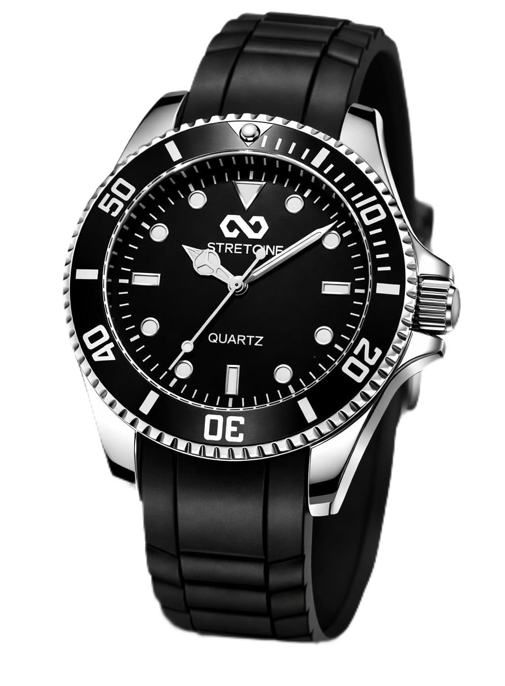 Stretone Men's Japanese Quartz Diver-Style Watch – Black Silicone Strap