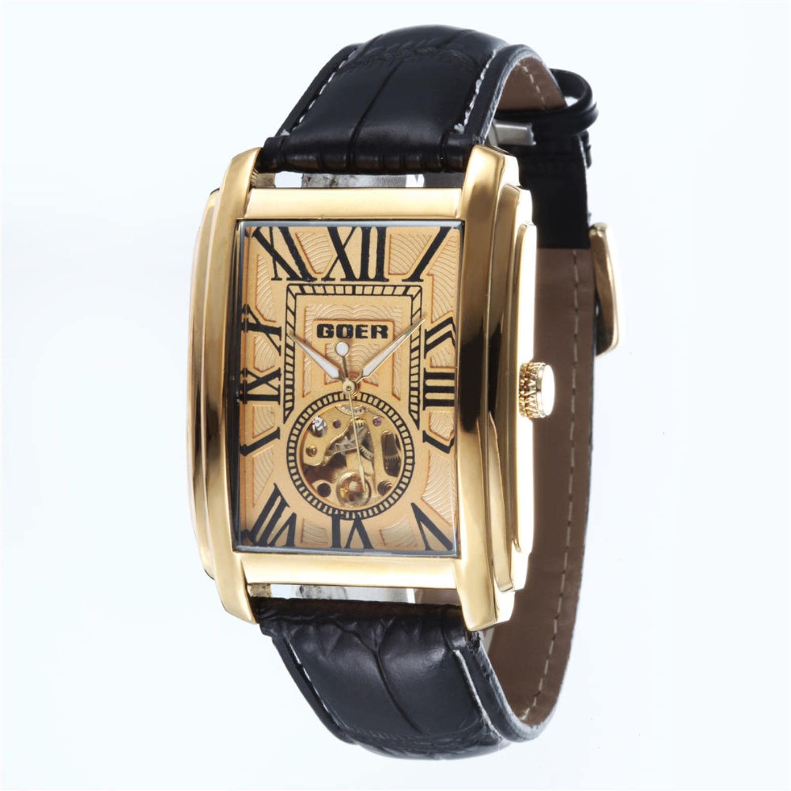 GOER Men's Rectangular Automatic Skeleton Watch – White Dial and Brown Leather Strap