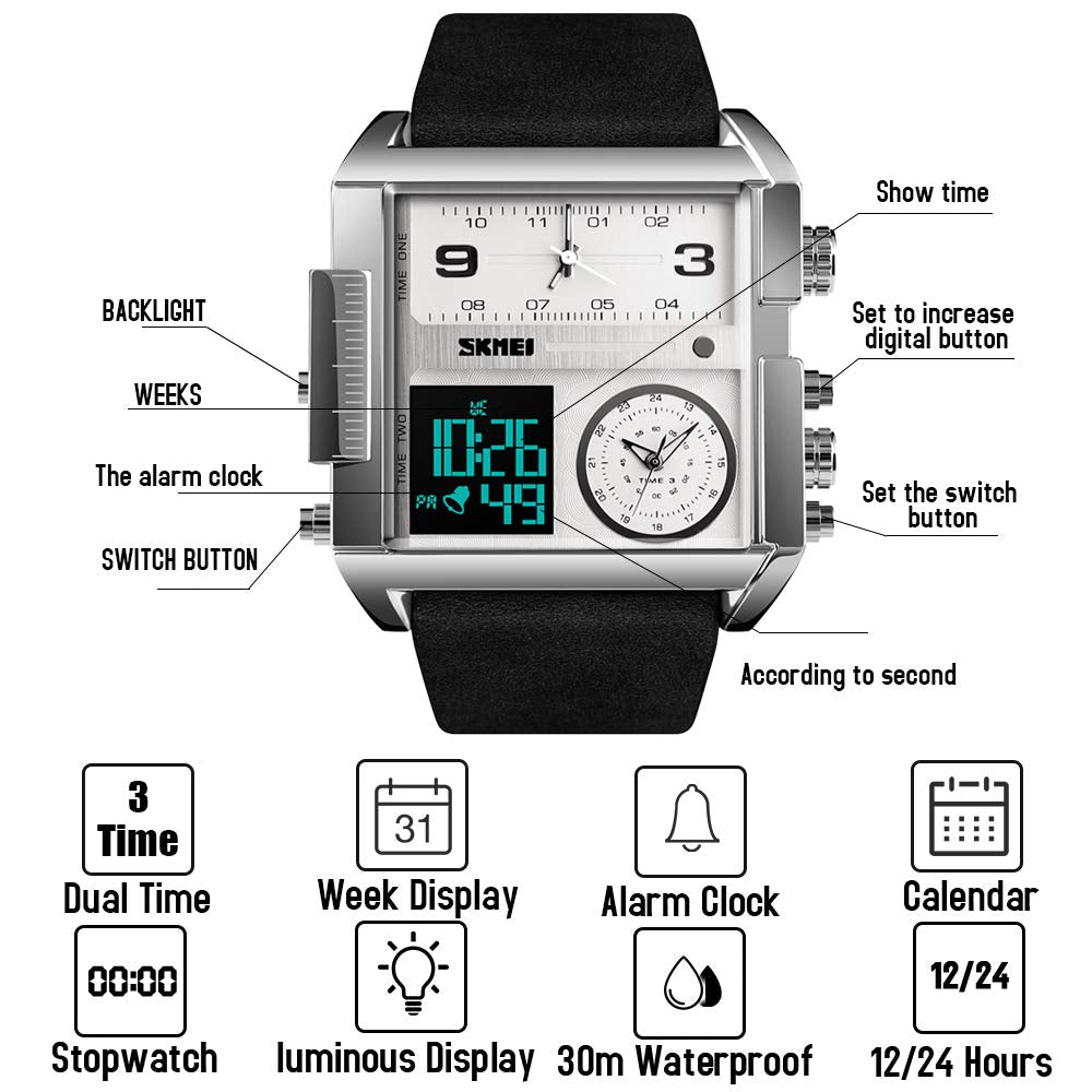 SKMEI Men's Square Analogue-Digital Multi-Time Sports Watch