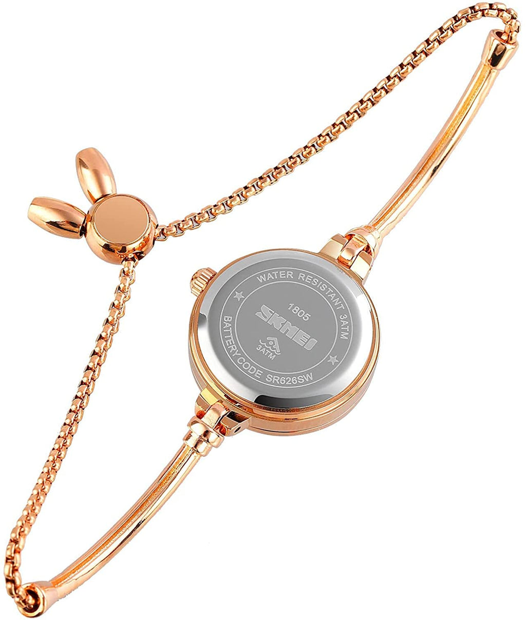SKMEI Women's Slim Rose Gold Quartz Watch - Black Strap