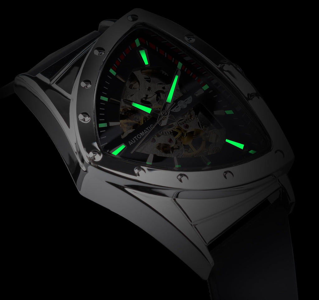 FORSINING Men's Automatic Skeleton Watch – Triangular Dial and Black Silicone Strap