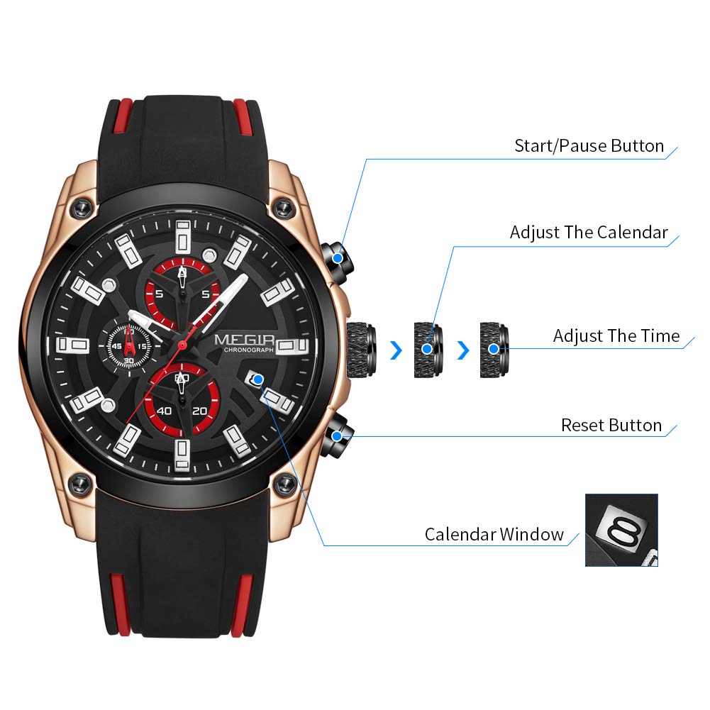 MEGIR Men's Quartz Chronograph Sports Watch - Rose & Black