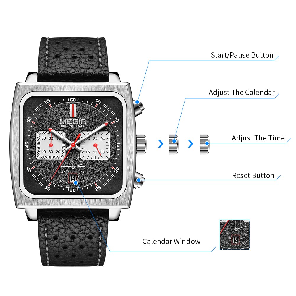 MEGIR Men's Square Quartz Chronograph Watch