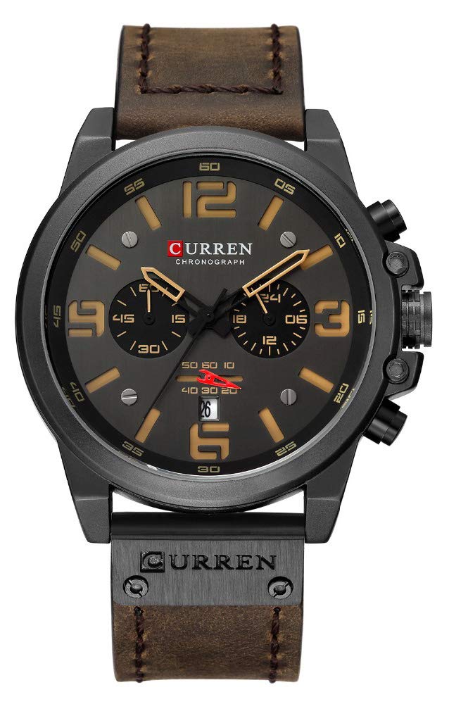CURREN Men's Quartz Chronograph Watch – Black Dial and Coffee Leather Strap