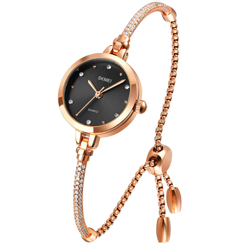 SKMEI Women's Slim Rose Gold Quartz Watch - Black Strap