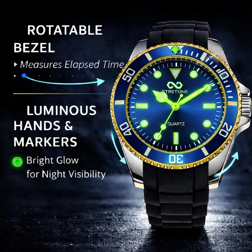 Stretone Men's Japanese Quartz Diver-Style Watch – Black Silicone Strap