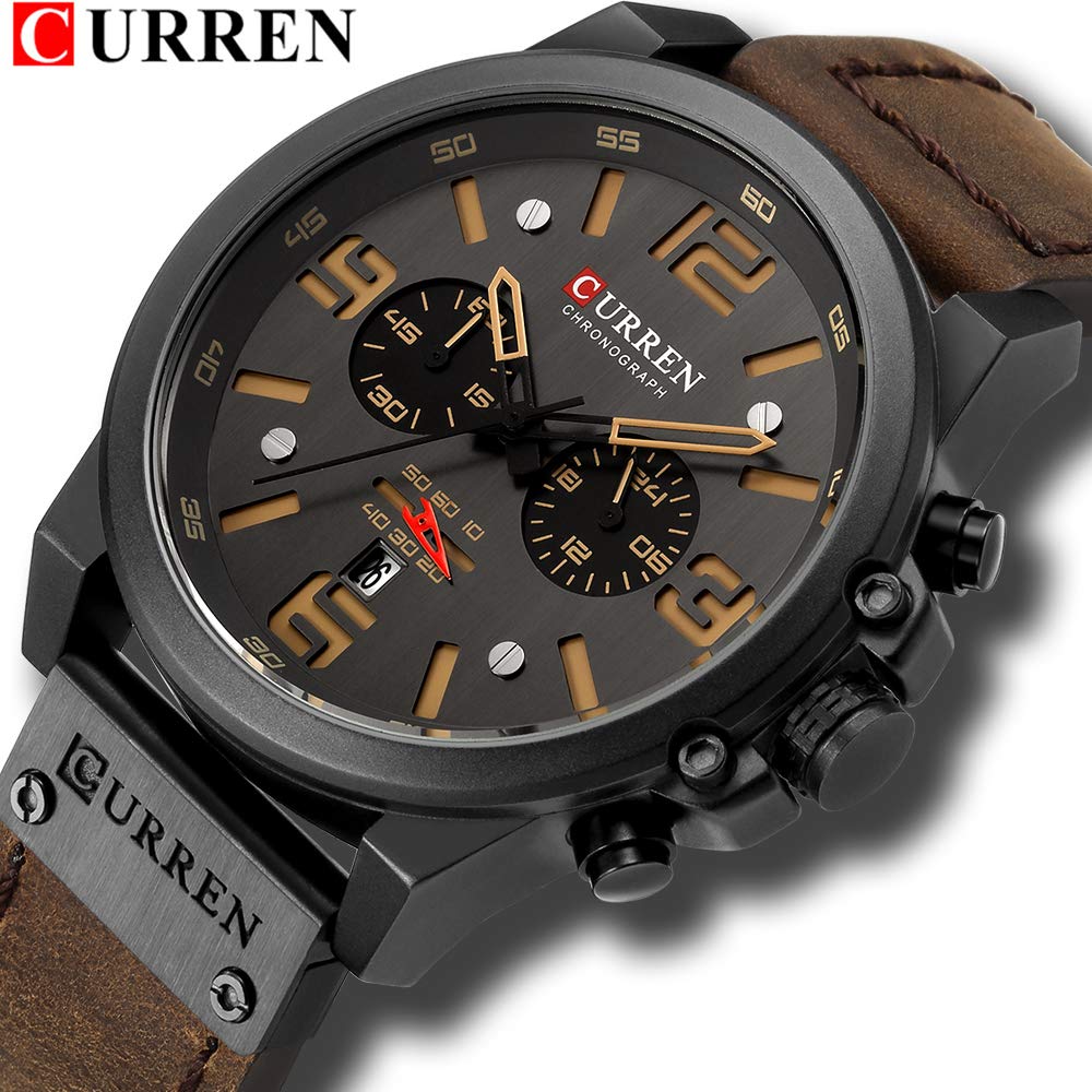 CURREN Men's Quartz Chronograph Watch – Black Dial and Coffee Leather Strap