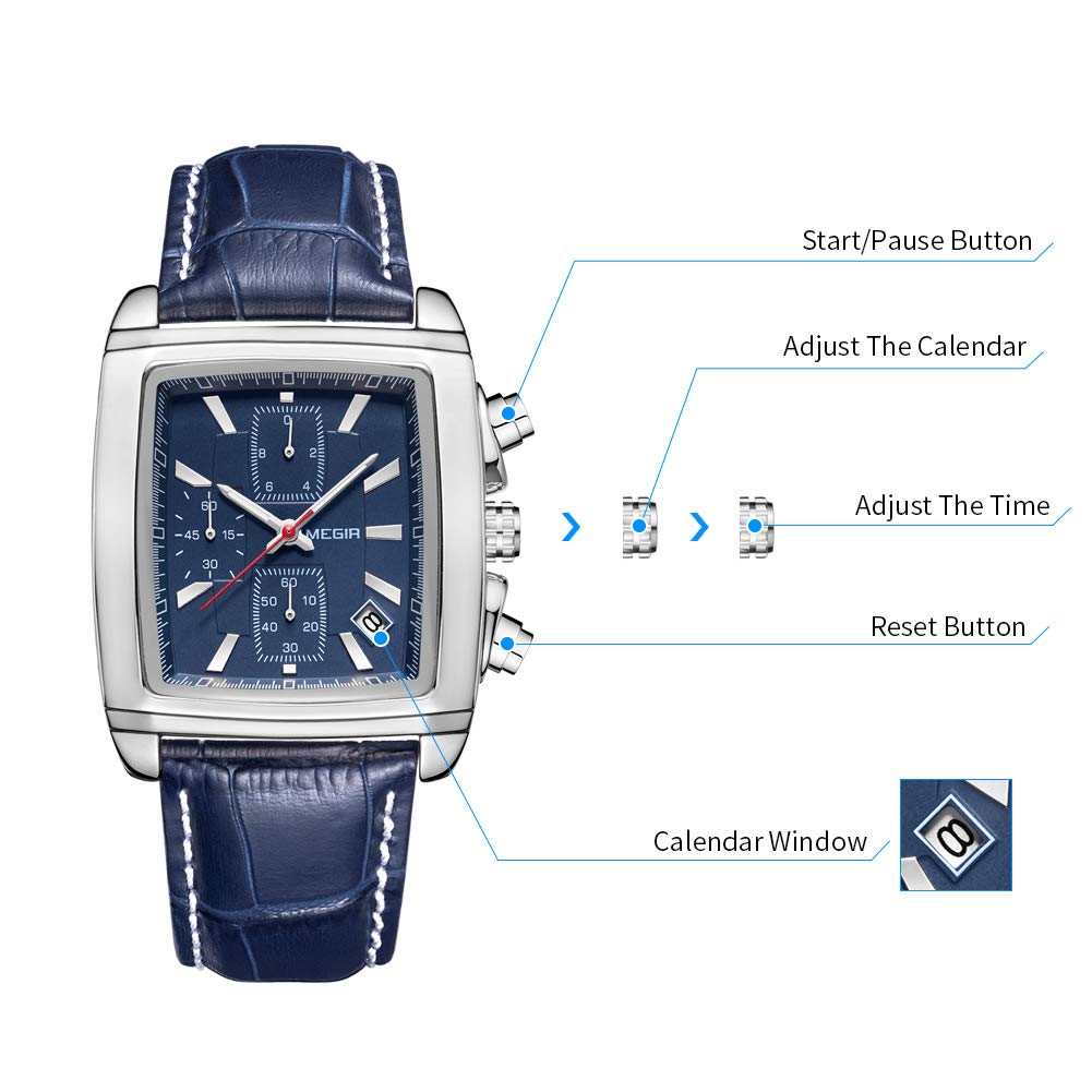 MEGIR Men's Rectangular Chronograph Watch - Leather Strap