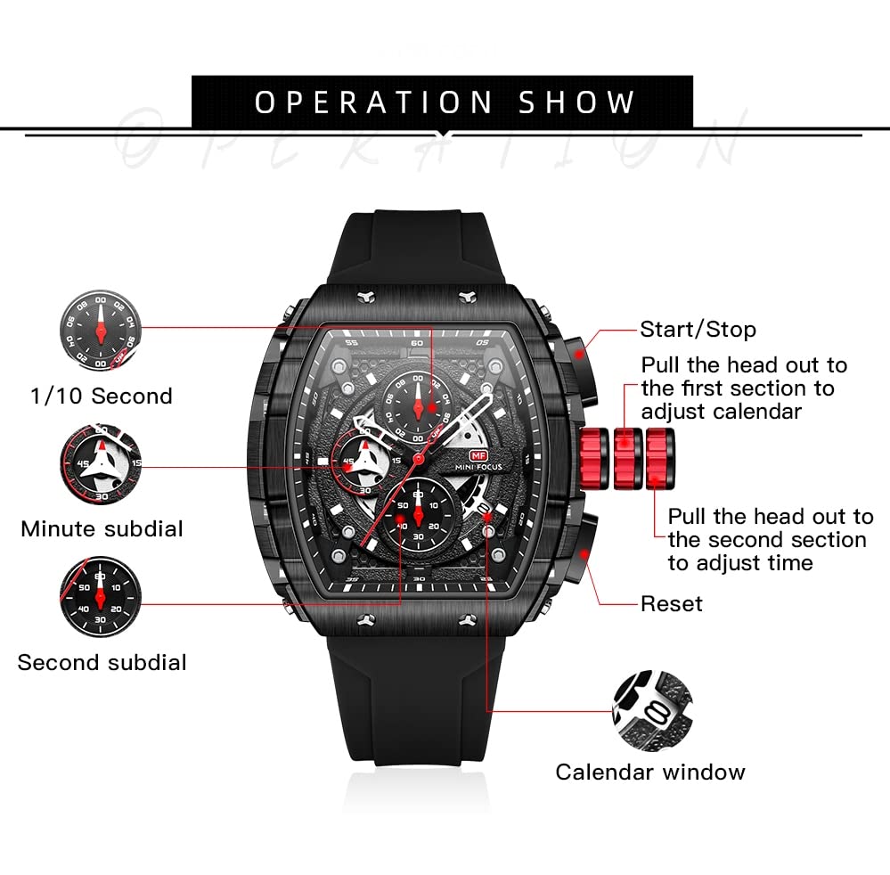 Mini Focus Men's Quartz Skeleton Chronograph Watch – Black Silicone Strap