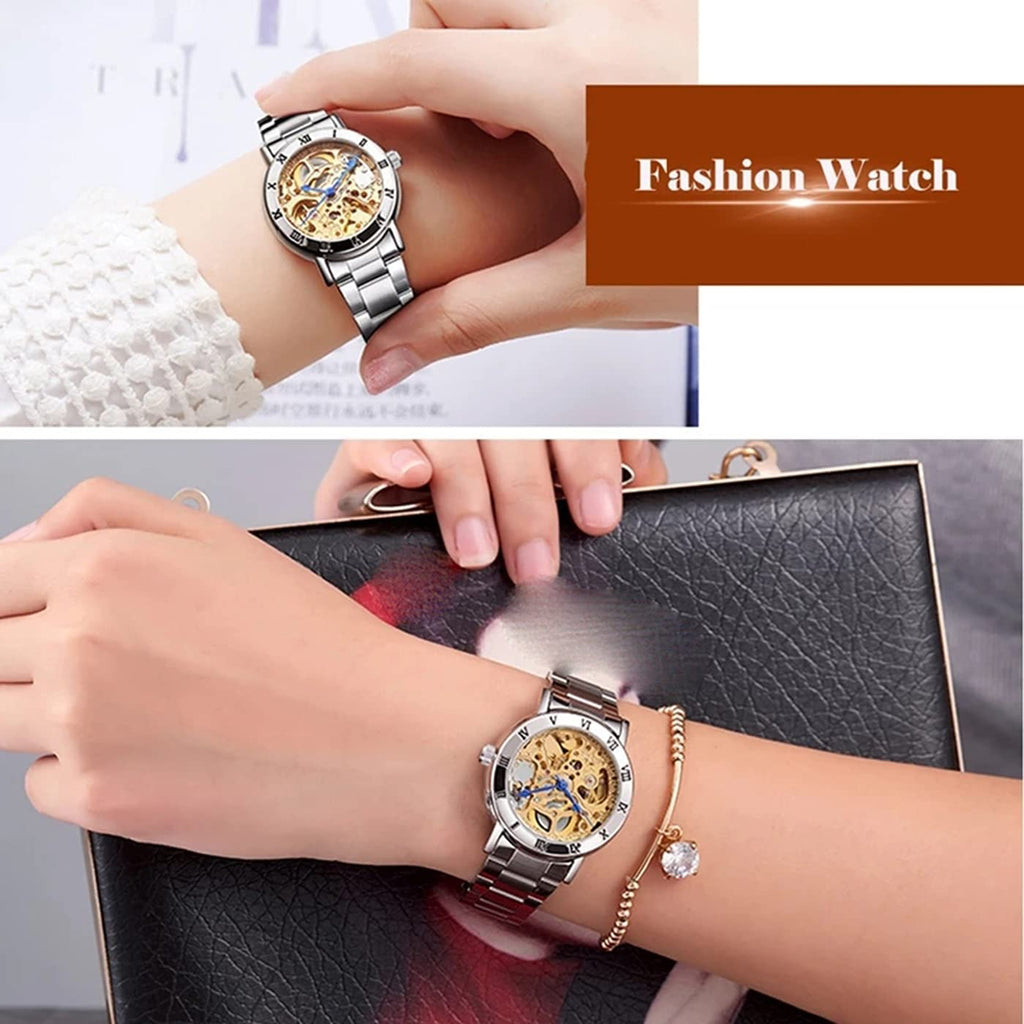 FORSINING Women's Automatic Skeleton Watch – Silver Bracelet
