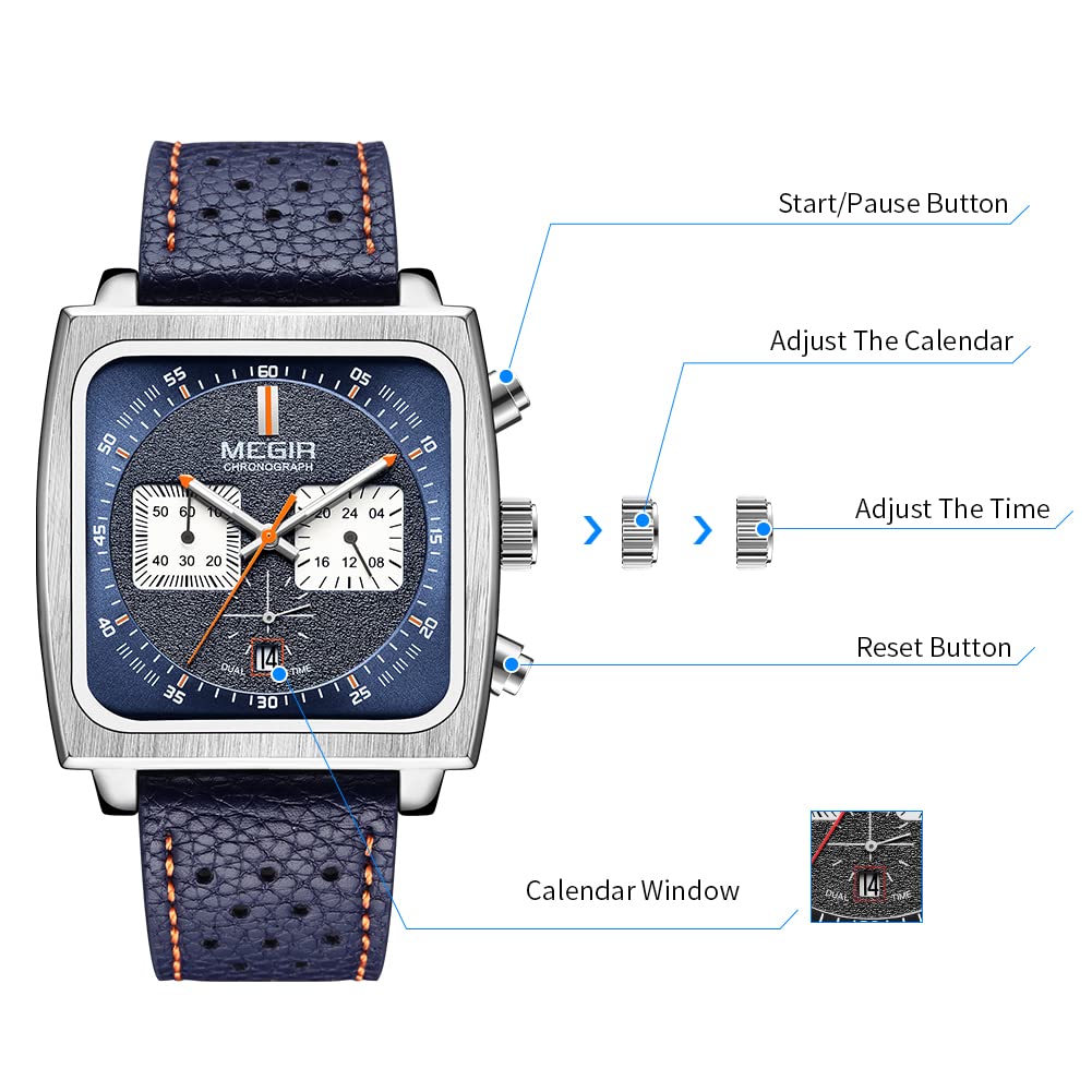 MEGIR Men's Square Quartz Chronograph Watch