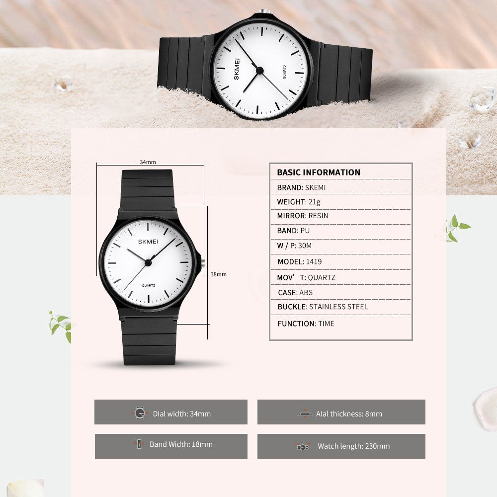SKMEI Women's Minimalist Japanese Quartz Watch – Black PU Strap