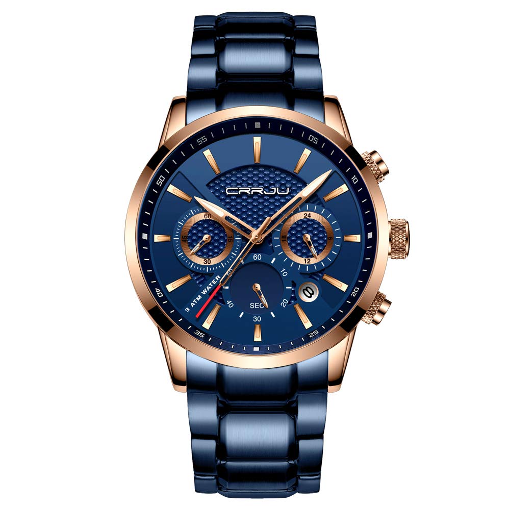 CRRJU Men's Quartz Chronograph Watch – Blue Dial and Bracelet