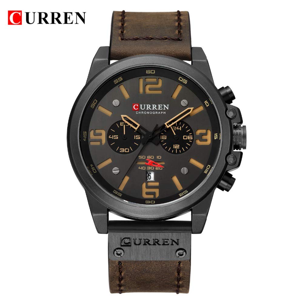 CURREN Men's Quartz Chronograph Watch – Black Dial and Coffee Leather Strap