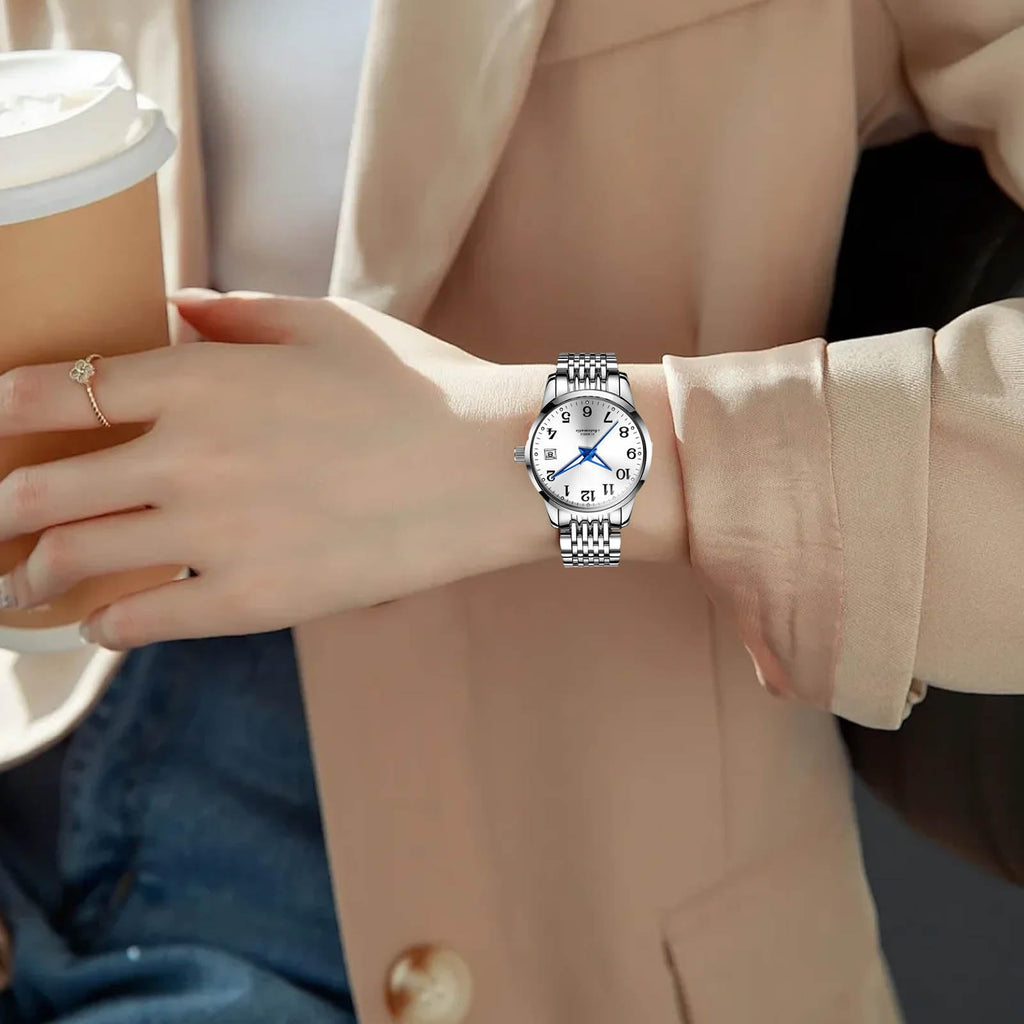 OLEVS Women's Automatic Watch – White Dial and Blue Hands