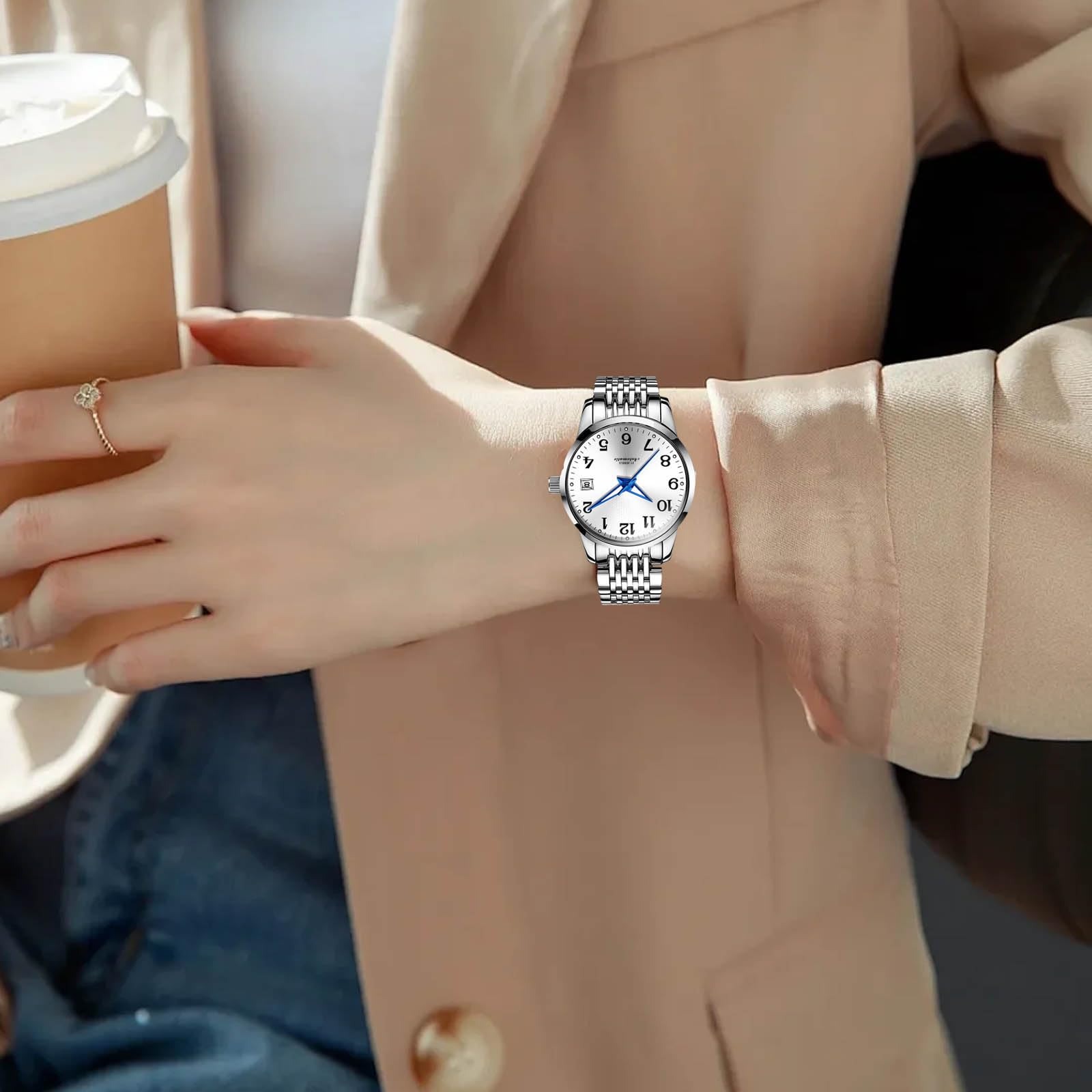OLEVS Women's Automatic Watch – White Dial and Blue Hands