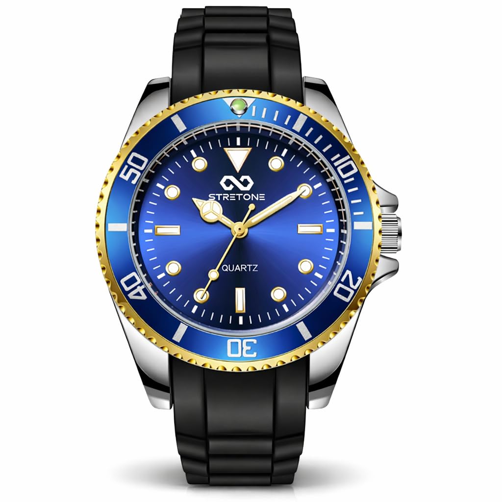 Stretone Men's Japanese Quartz Diver-Style Watch – Black Silicone Strap