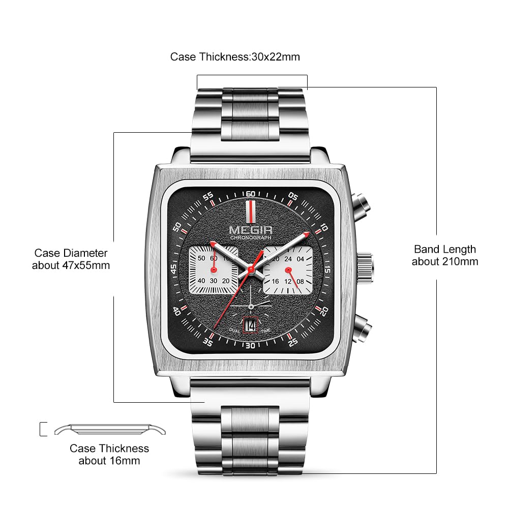 MEGIR Men's Square Quartz Chronograph Watch