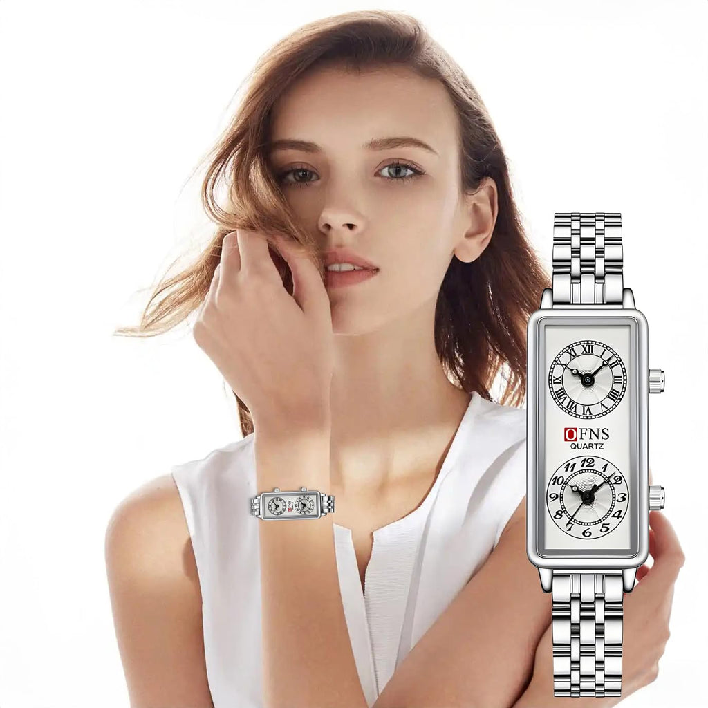 Women's Rectangular Dual-Time Quartz Watch
