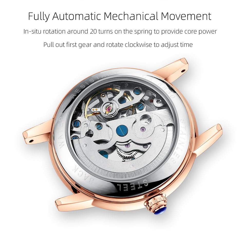 CHENXI Women's Automatic Skeleton Watch – White Dial and Leather Strap