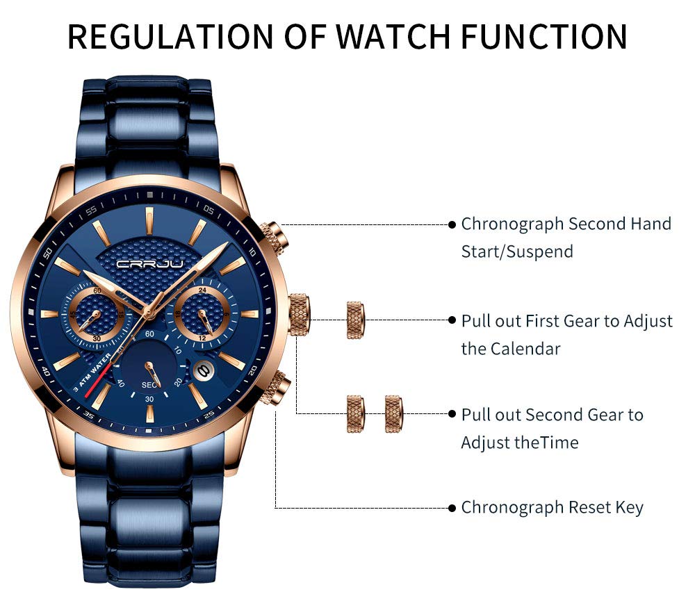 CRRJU Men's Quartz Chronograph Watch – Blue Dial and Bracelet