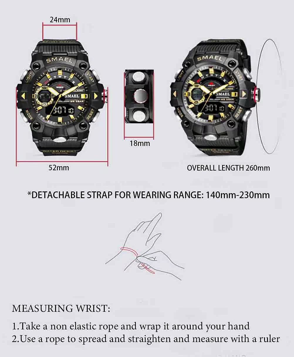 SMAEL Men's 52mm Analogue-Digital Military Sports Watch – Black