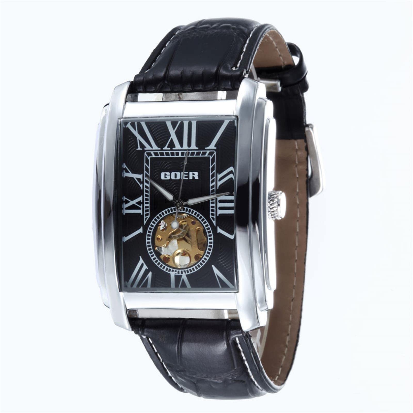 GOER Men's Rectangular Automatic Skeleton Watch – White Dial and Brown Leather Strap