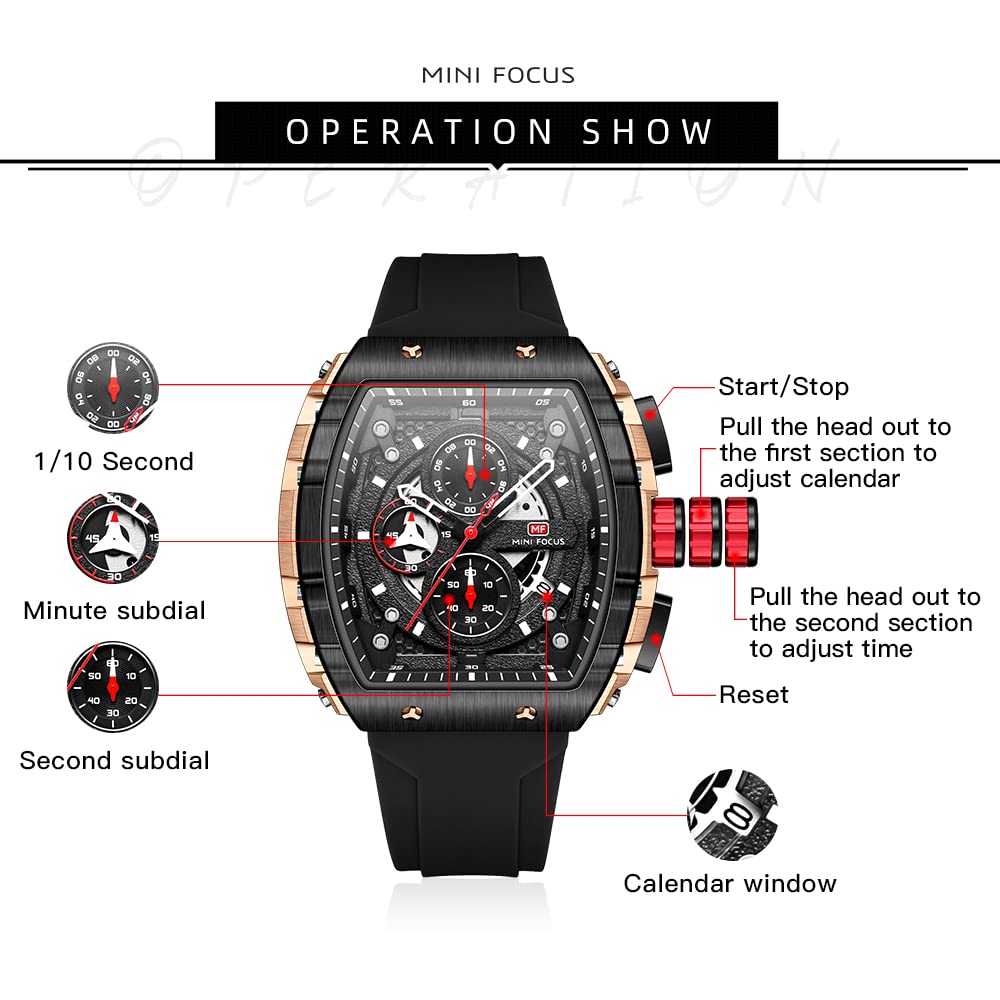 Mini Focus Men's Quartz Skeleton Chronograph Watch – Black Silicone Strap