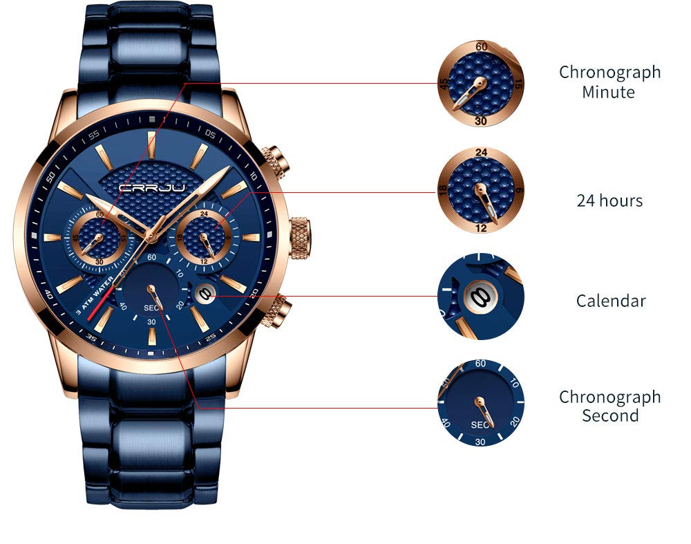 CRRJU Men's Quartz Chronograph Watch – Blue Dial and Bracelet