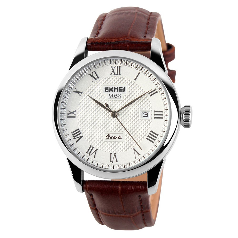 SKMEI Men's Roman-Numeral Quartz Dress Watch – Leather Strap