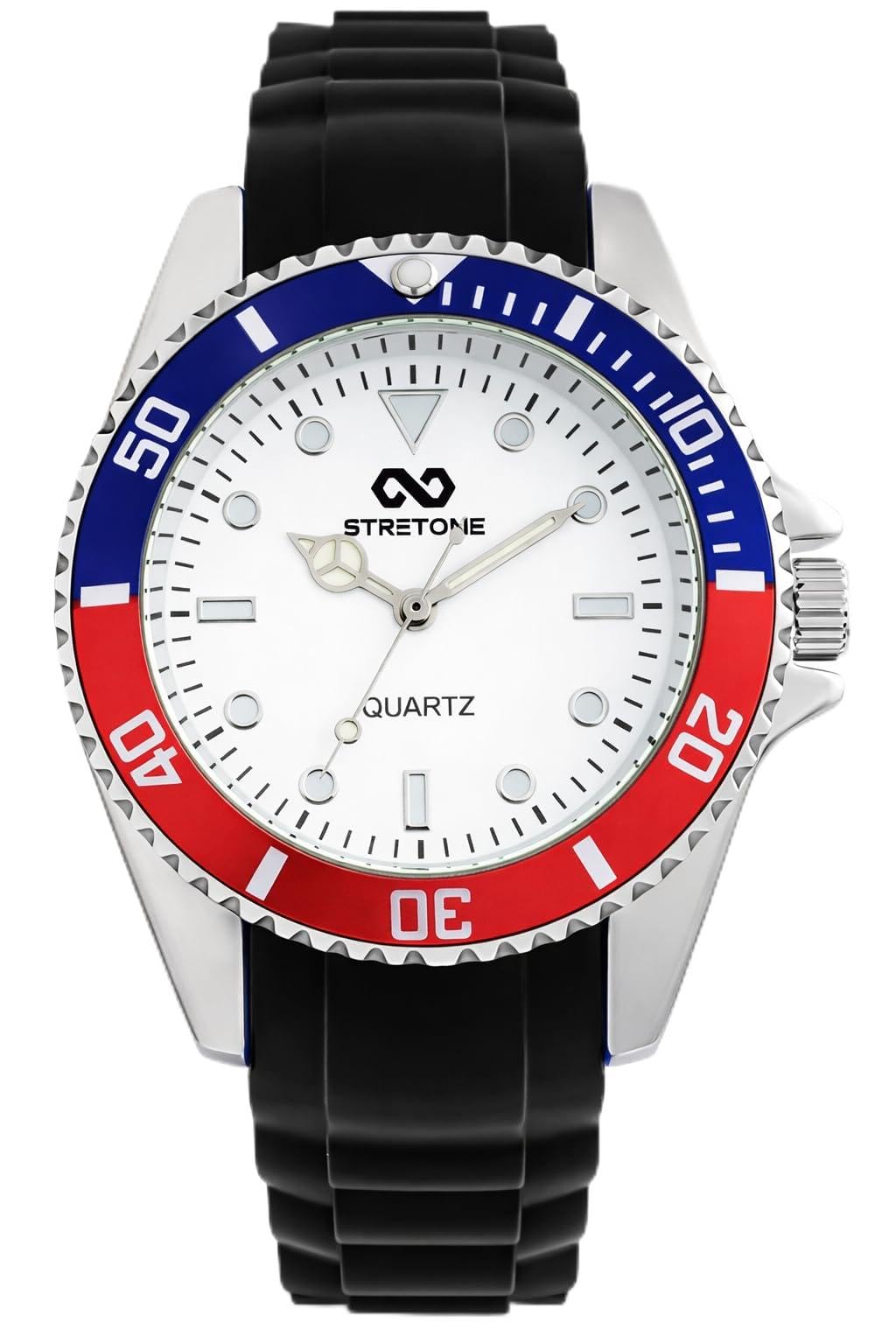 Stretone Men's Japanese Quartz Diver-Style Watch – Black Silicone Strap