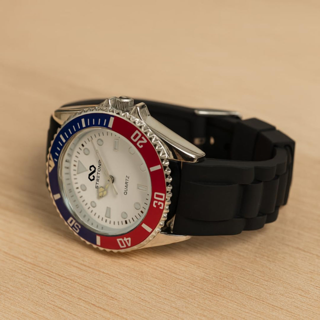 Stretone Men's Japanese Quartz Diver-Style Watch – Black Silicone Strap