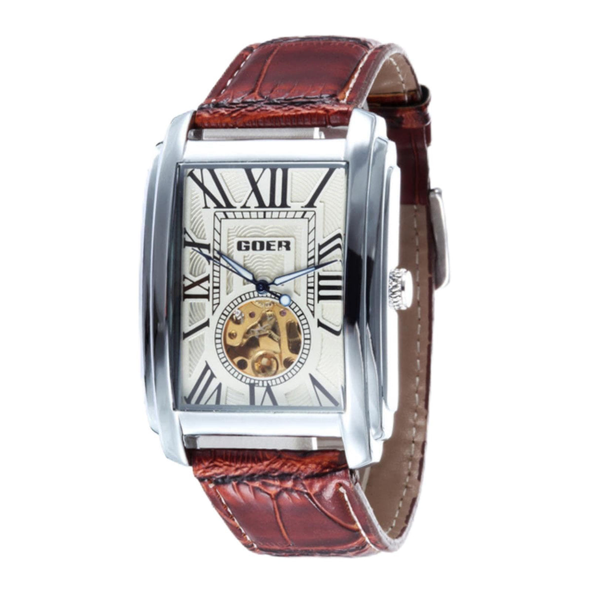 GOER Men's Rectangular Automatic Skeleton Watch – White Dial and Brown Leather Strap