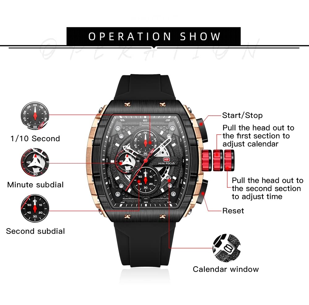 Mini Focus Men's Quartz Skeleton Chronograph Watch – Black Silicone Strap