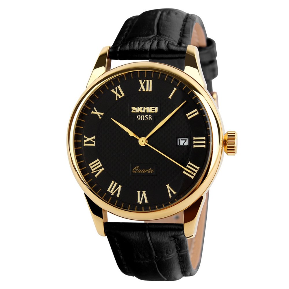 SKMEI Men's Roman-Numeral Quartz Dress Watch – Leather Strap