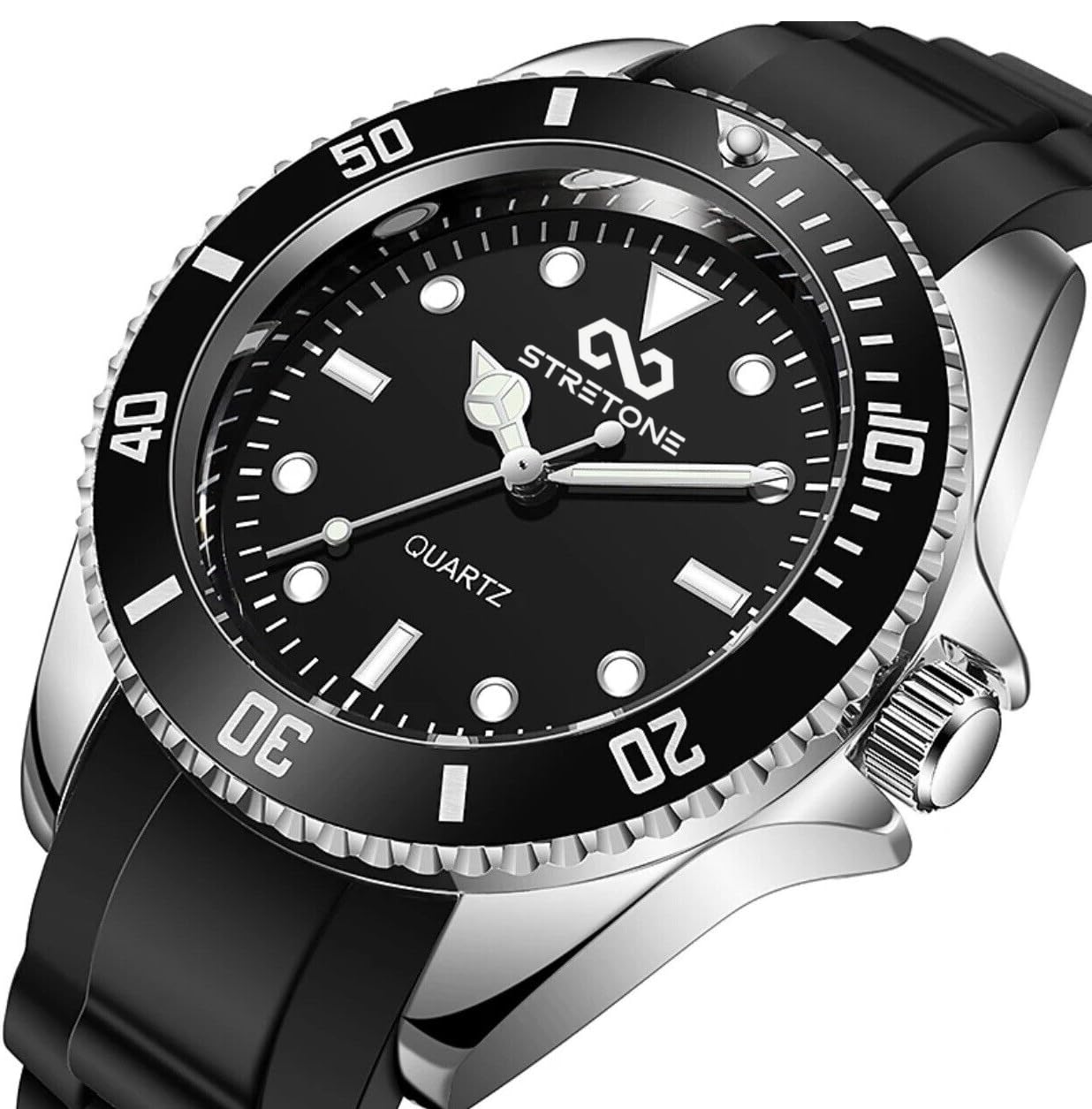Stretone Men's Japanese Quartz Diver-Style Watch – Black Silicone Strap