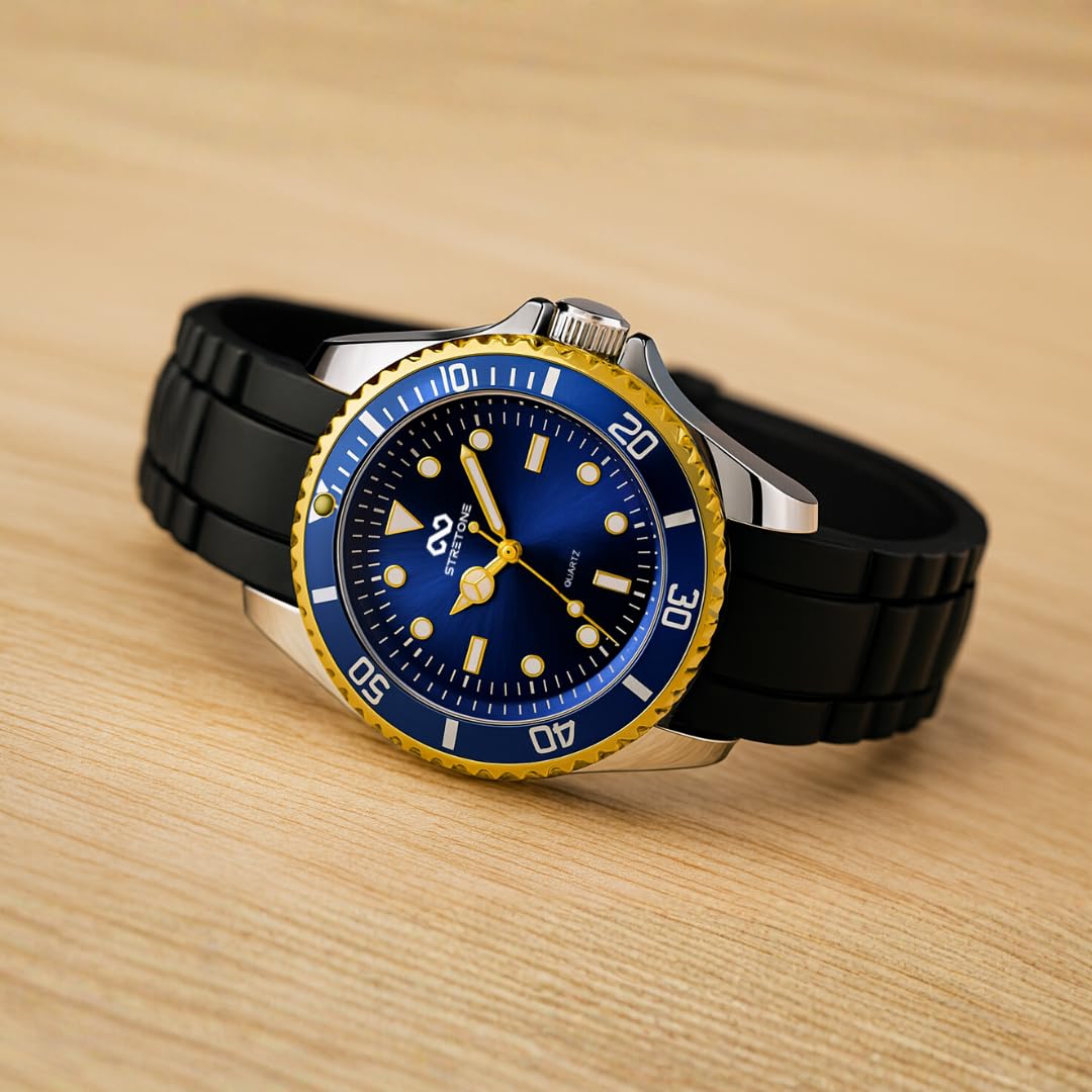 Stretone Men's Japanese Quartz Diver-Style Watch – Black Silicone Strap
