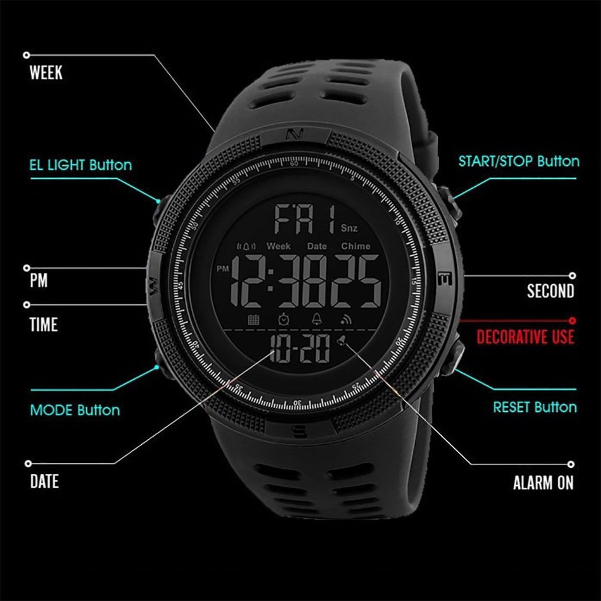 SKMEI Men's Large-Display Digital Sports Watch – Black Resin Strap