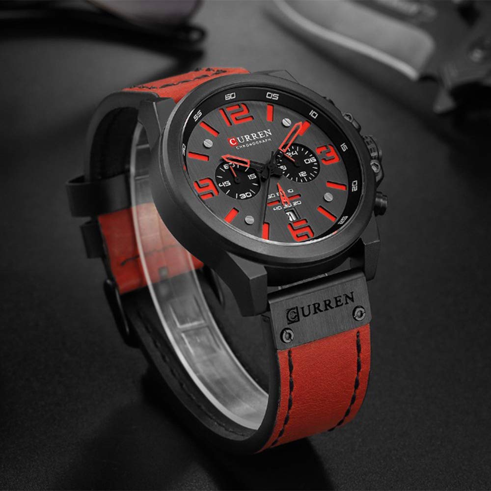 CURREN Men's Quartz Chronograph Watch – Black Dial and Red Leather Strap