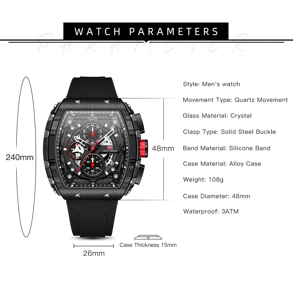 Mini Focus Men's Quartz Skeleton Chronograph Watch – Black Silicone Strap