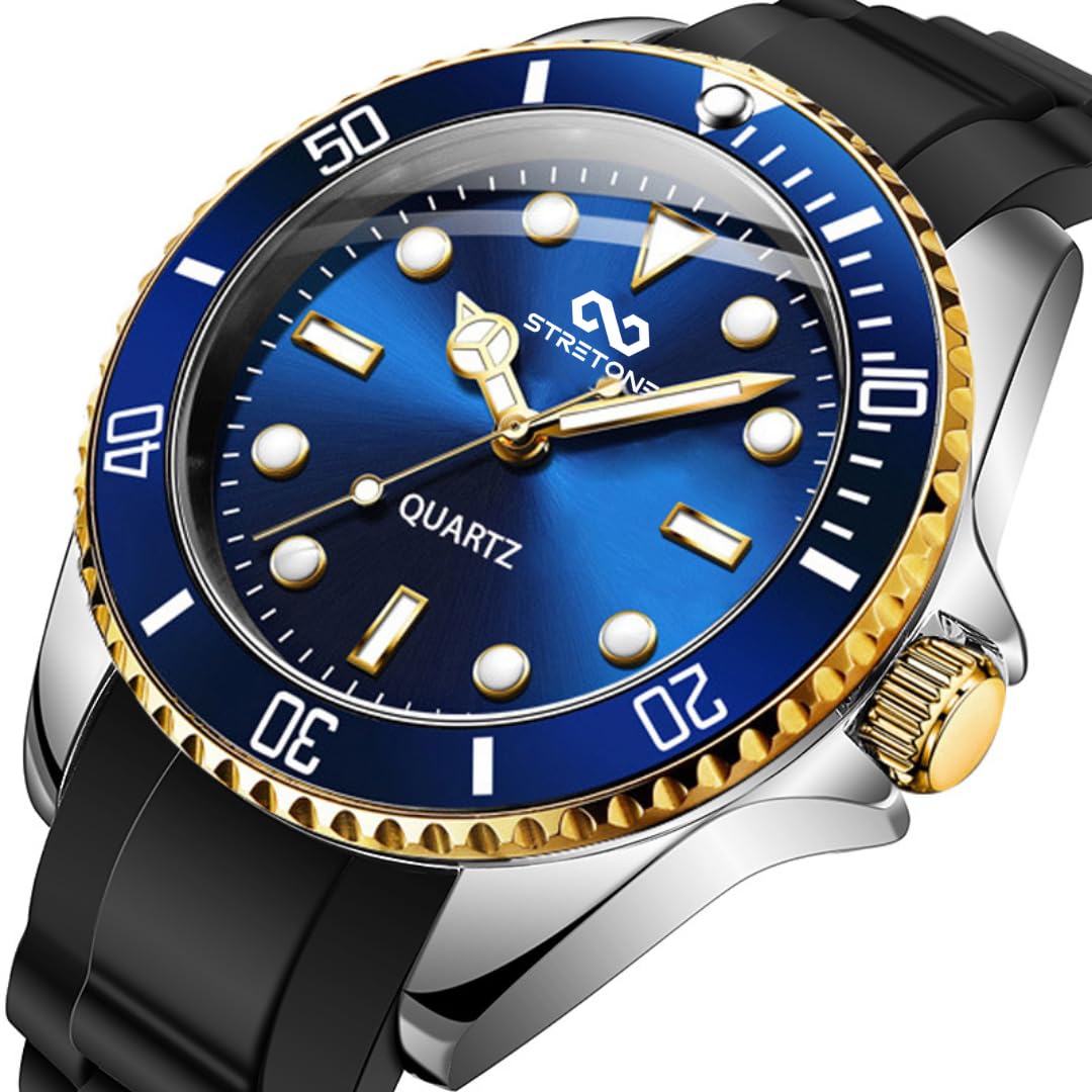 Stretone Men's Japanese Quartz Diver-Style Watch – Black Silicone Strap
